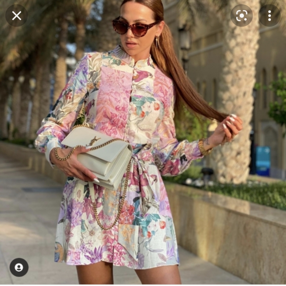 Zara linen blended floral buttoned belted mini dress